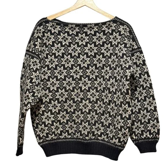 VTG VOSS Norwegian 100% Wool Ski Fair Isle Nordic Black Sweater Womens Medium - Picture 2 of 9